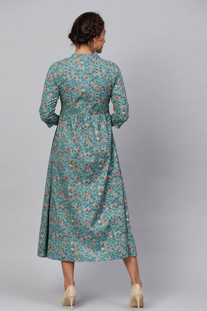 Women's Blue Floral Gathered Waist Dress