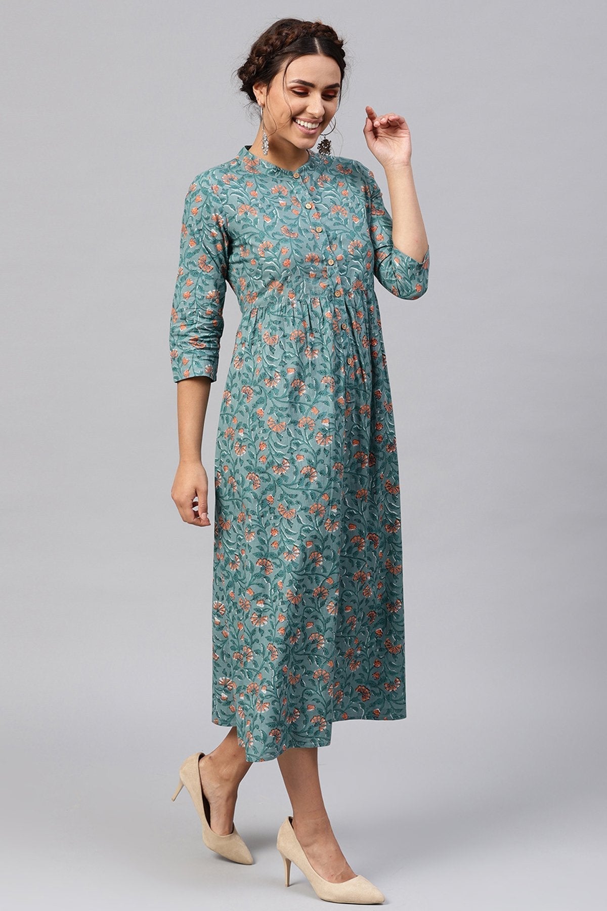 Women's Blue Floral Gathered Waist Dress