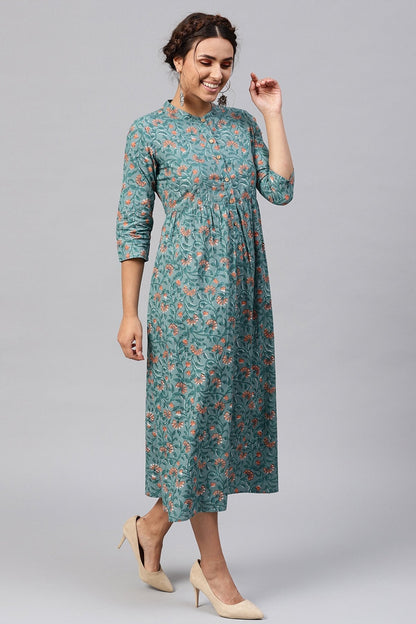 Women's Blue Floral Gathered Waist Dress