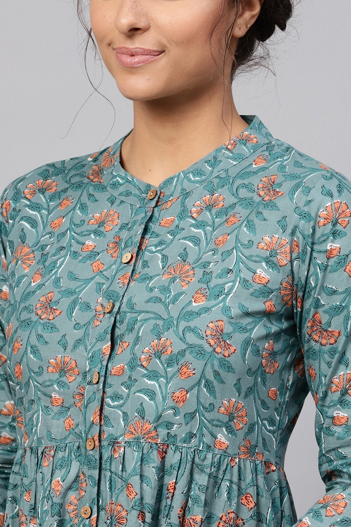Women's Blue Floral Gathered Waist Dress