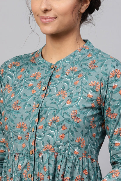 Women's Blue Floral Gathered Waist Dress