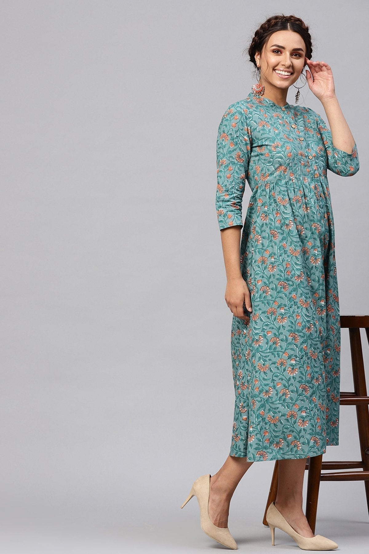 Women's Blue Floral Gathered Waist Dress