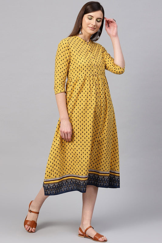 Women's Yellow & Navy Booti Gathered Waist Dress