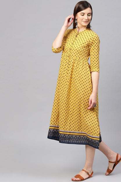 Women's Yellow & Navy Booti Gathered Waist Dress