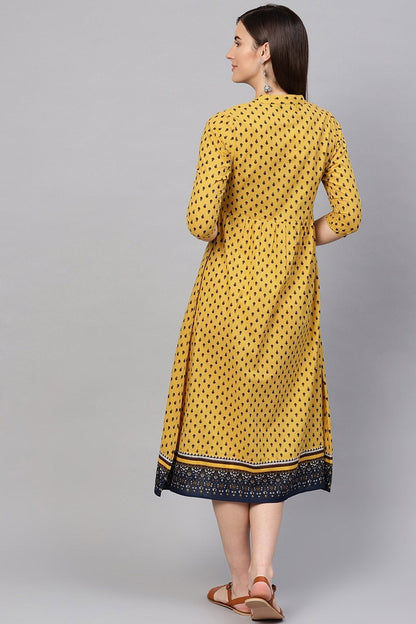 Women's Yellow & Navy Booti Gathered Waist Dress