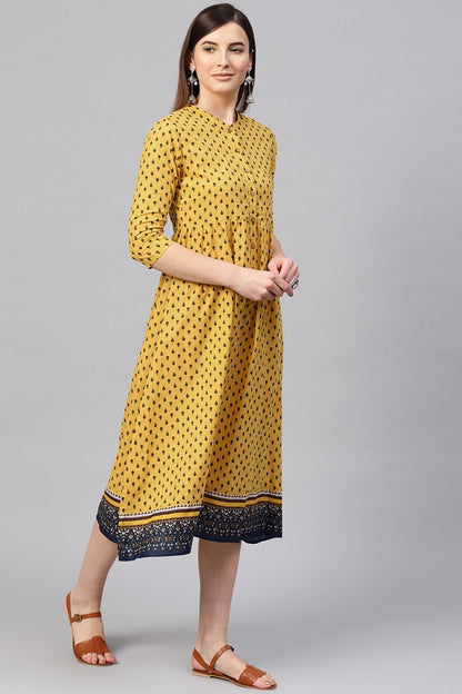 Women's Yellow & Navy Booti Gathered Waist Dress