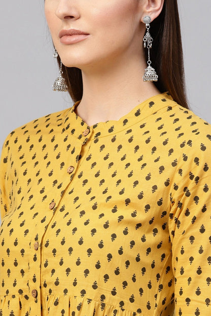 Women's Yellow & Navy Booti Gathered Waist Dress