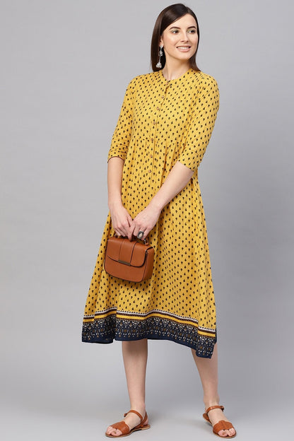Women's Yellow & Navy Booti Gathered Waist Dress