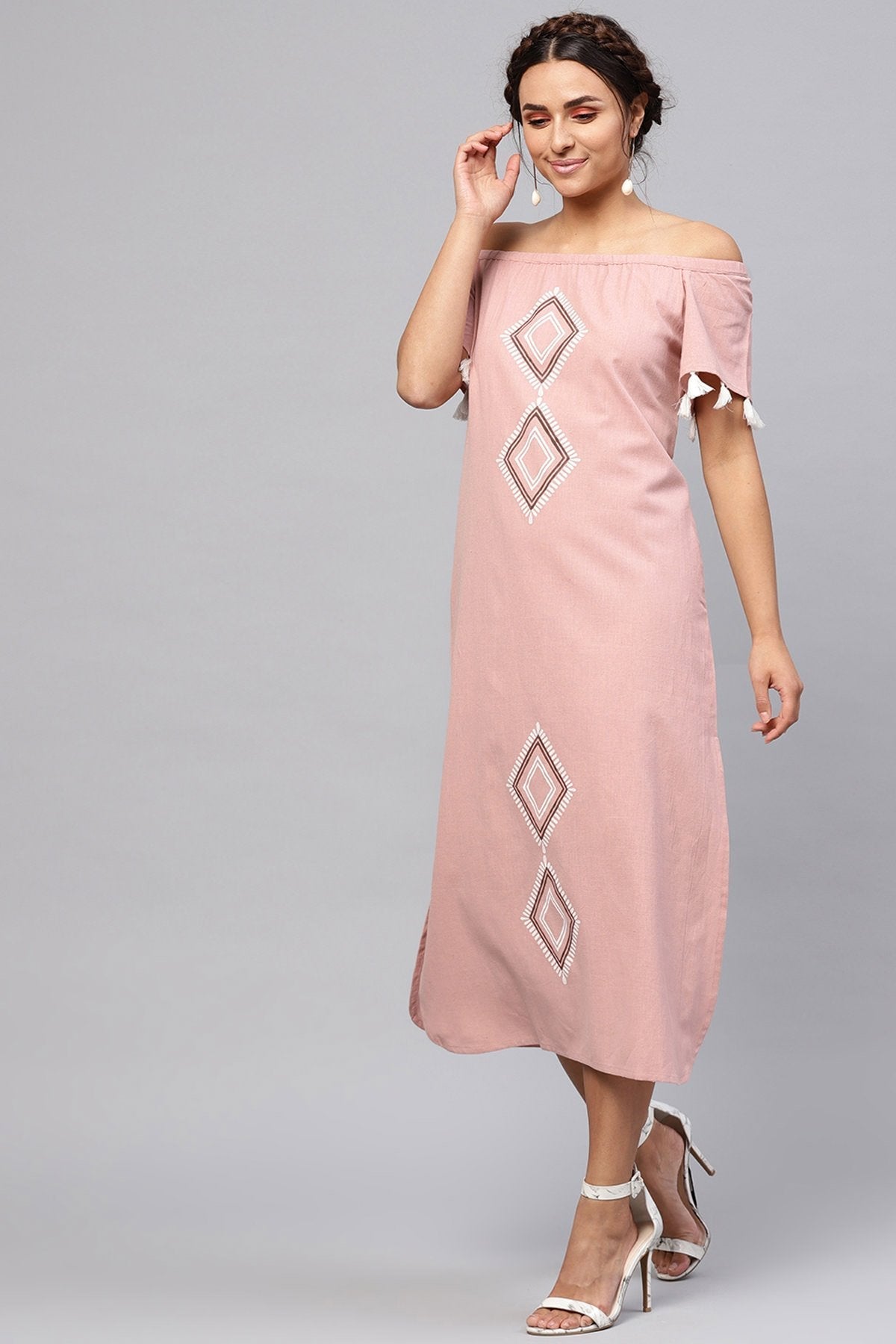 Women's Onion Pink Printed Off Shoulder Long Dress