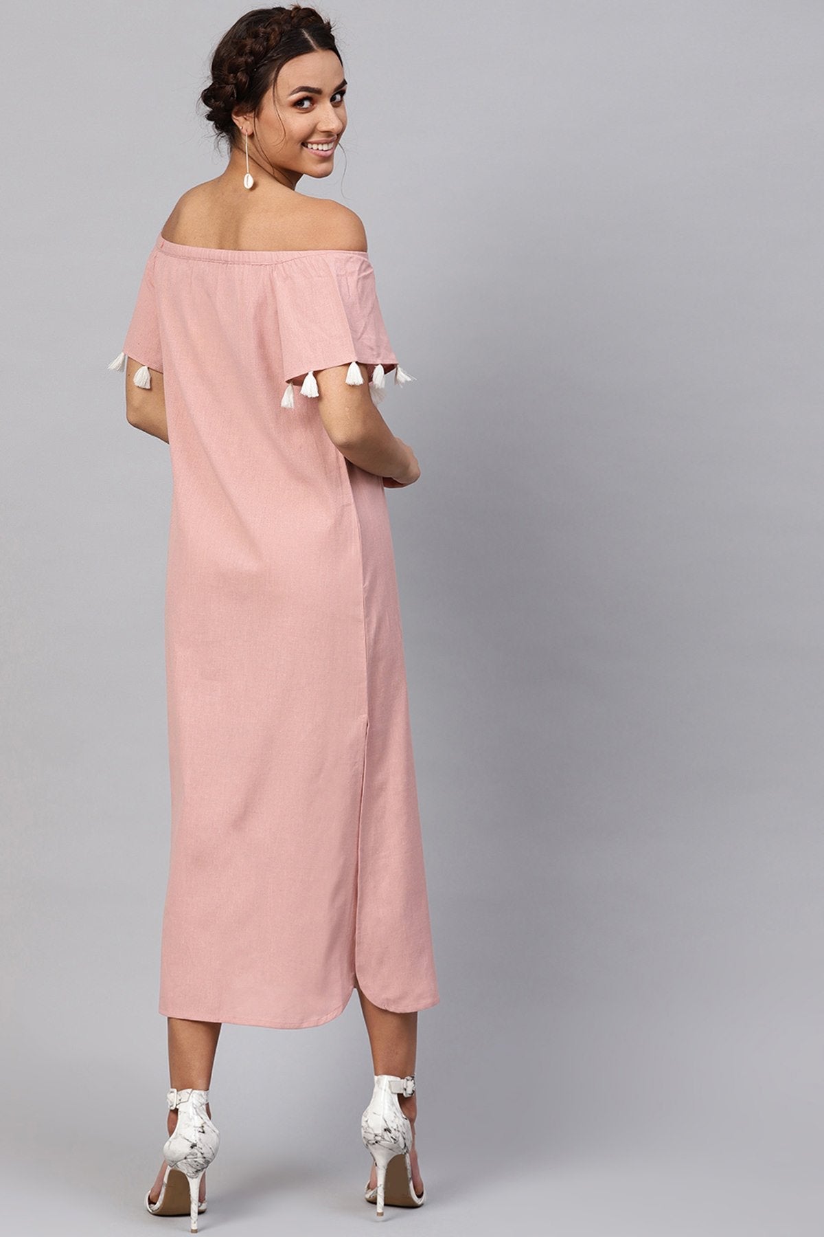 Women's Onion Pink Printed Off Shoulder Long Dress