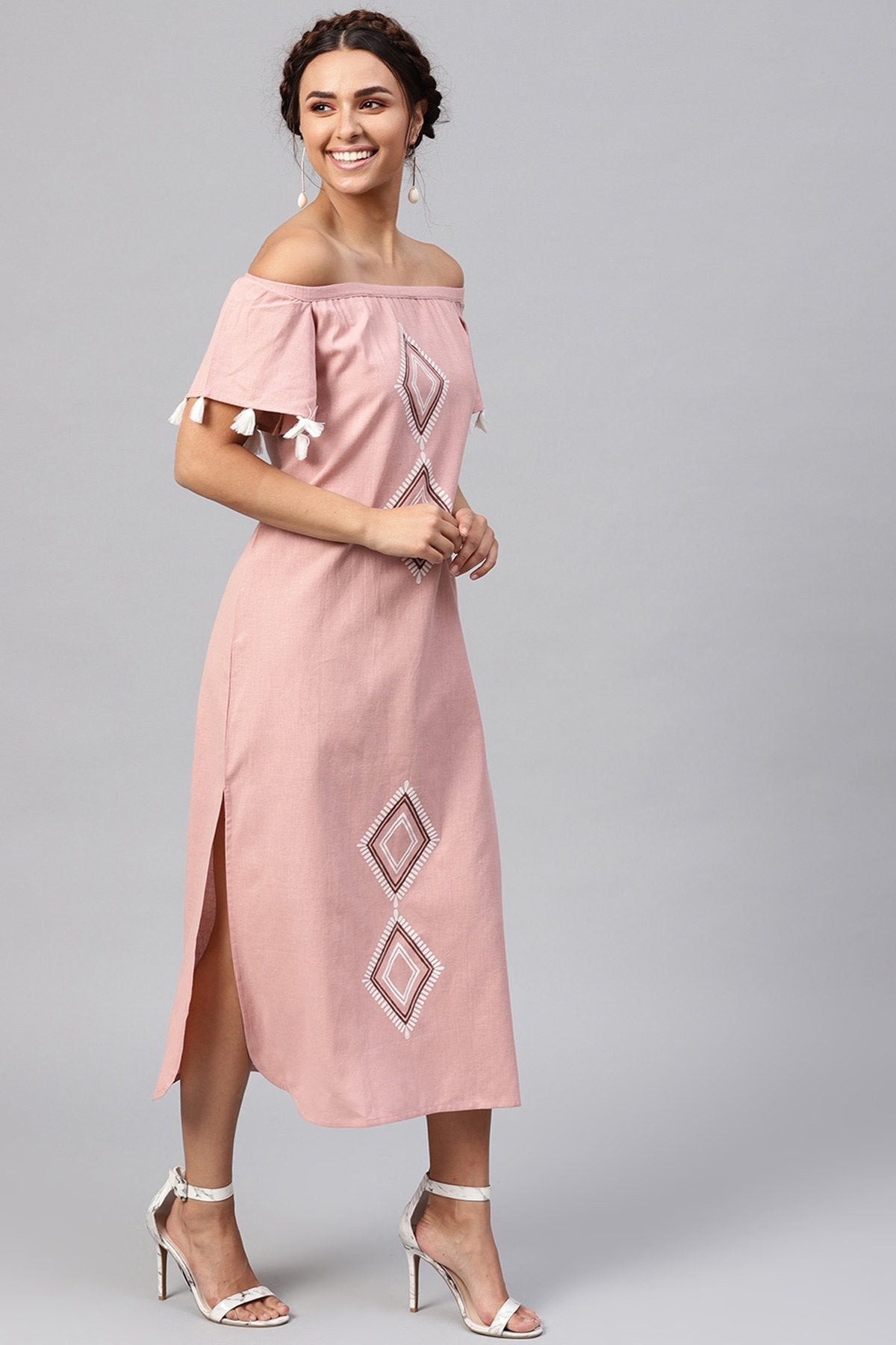 Women's Onion Pink Printed Off Shoulder Long Dress