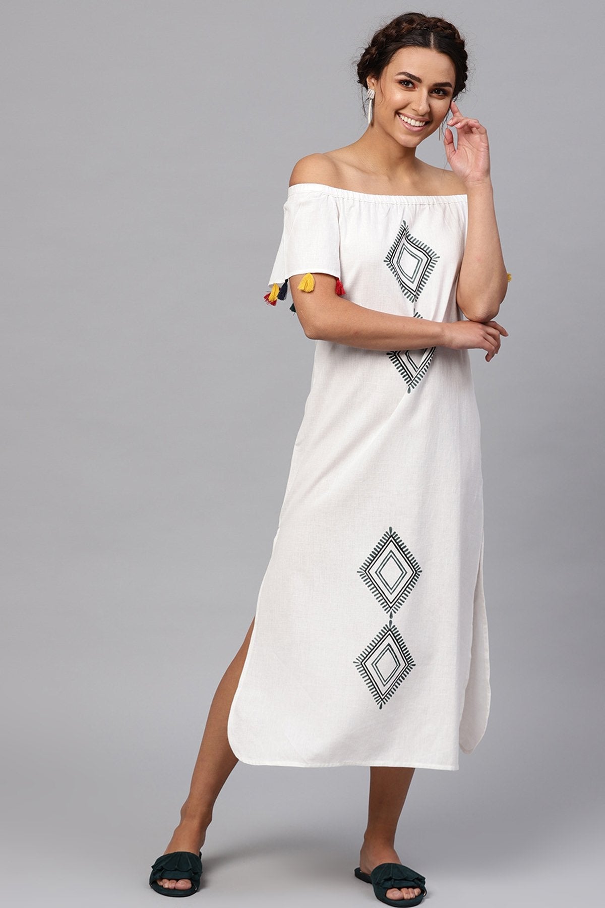 Women's White Printed Off Shoulder Long Dress