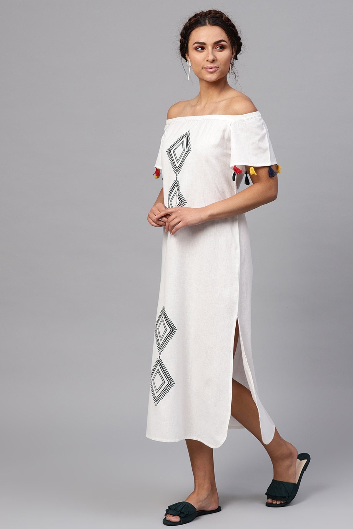 Women's White Printed Off Shoulder Long Dress