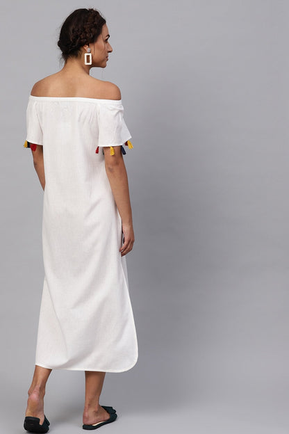 Women's White Printed Off Shoulder Long Dress