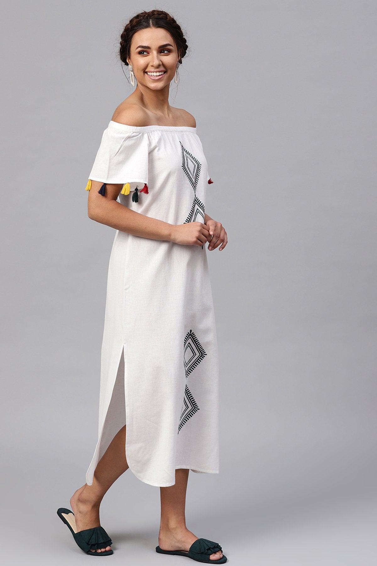 Women's White Printed Off Shoulder Long Dress
