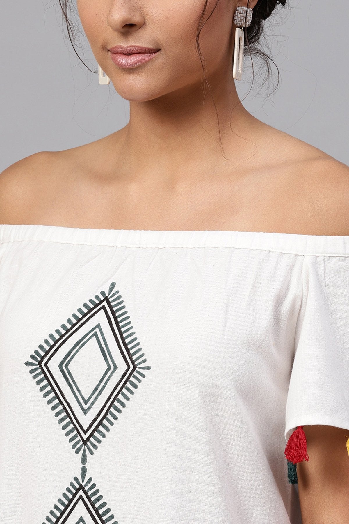 Women's White Printed Off Shoulder Long Dress