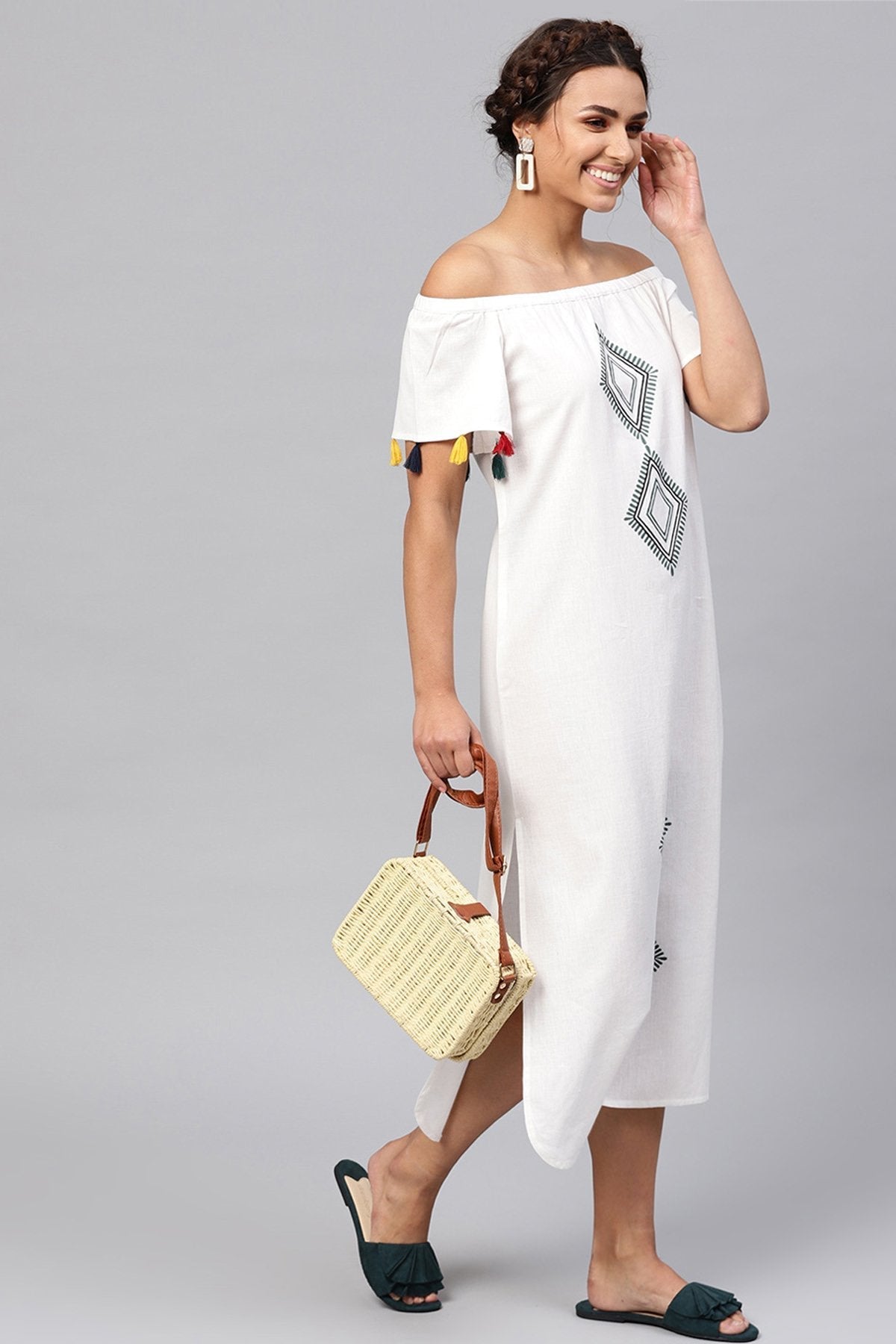 Women's White Printed Off Shoulder Long Dress
