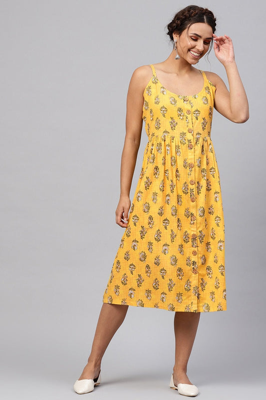 Women's Yellow Mughal Floral Strappy Placket Dress