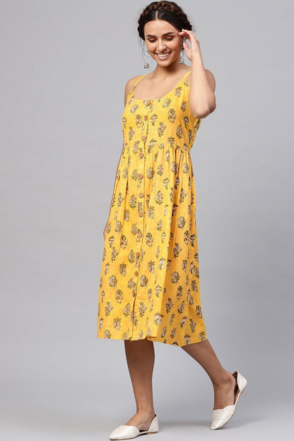 Women's Yellow Mughal Floral Strappy Placket Dress