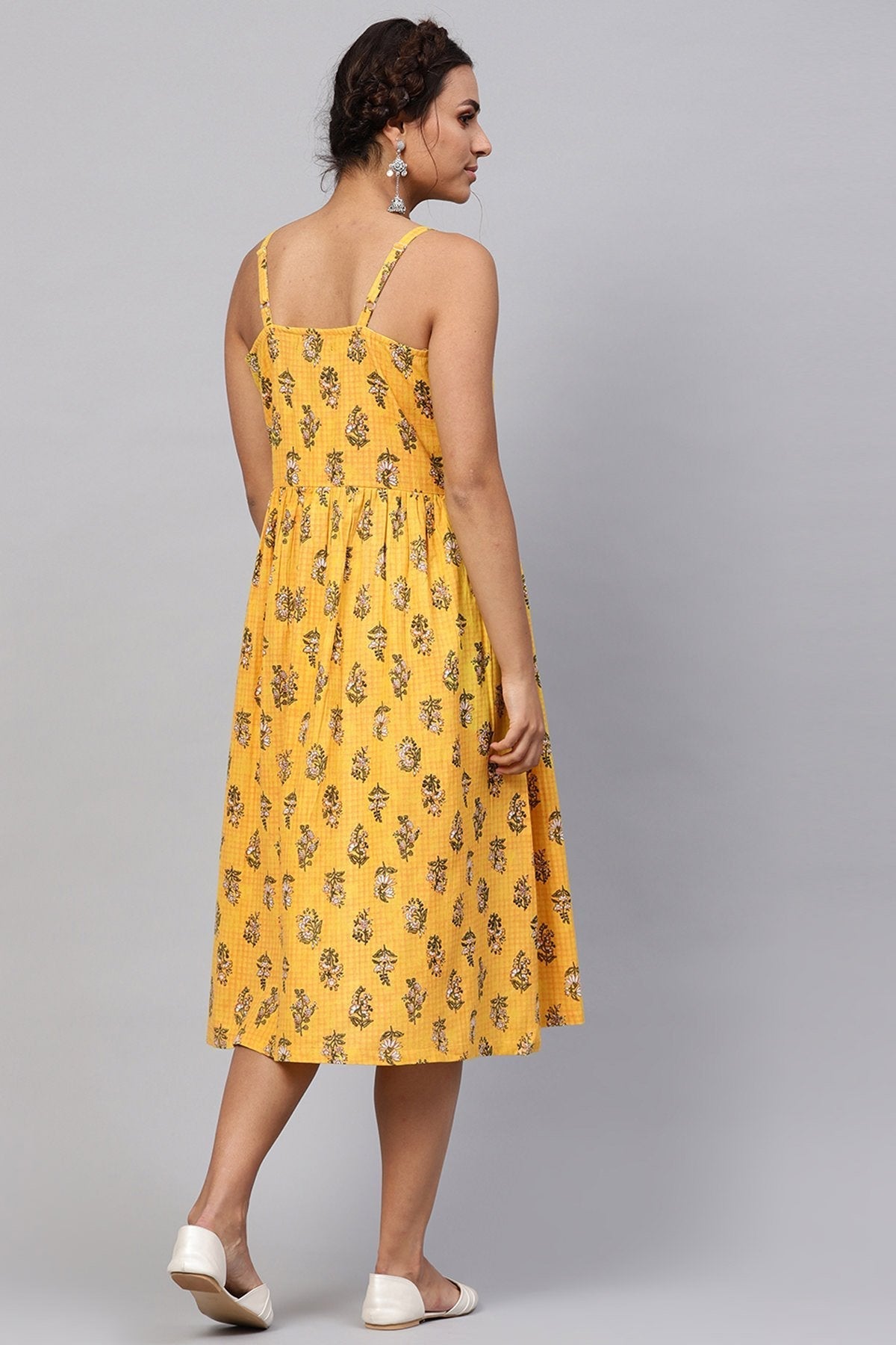 Women's Yellow Mughal Floral Strappy Placket Dress