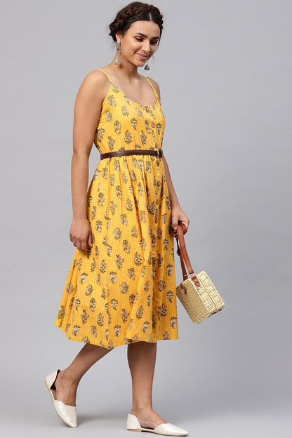 Women's Yellow Mughal Floral Strappy Placket Dress