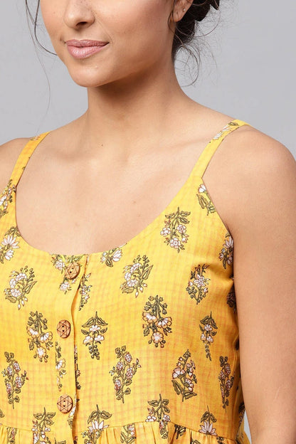 Women's Yellow Mughal Floral Strappy Placket Dress