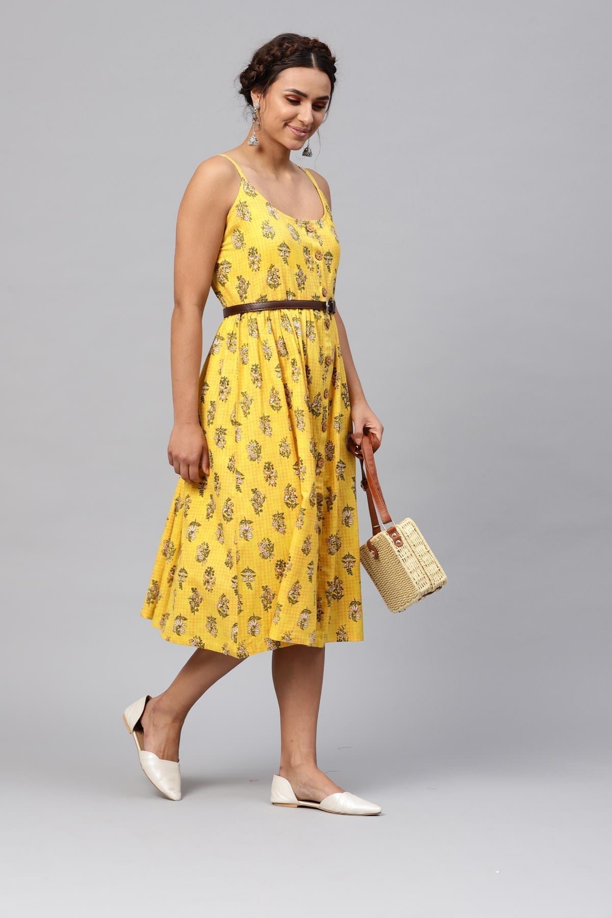 Women's Yellow Mughal Floral Strappy Placket Dress
