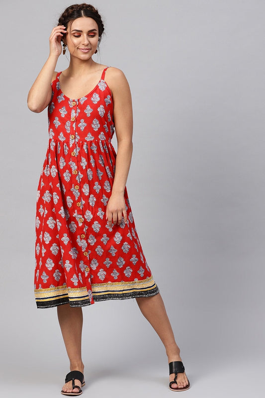 Women's Red Floral Strappy Placket Dress