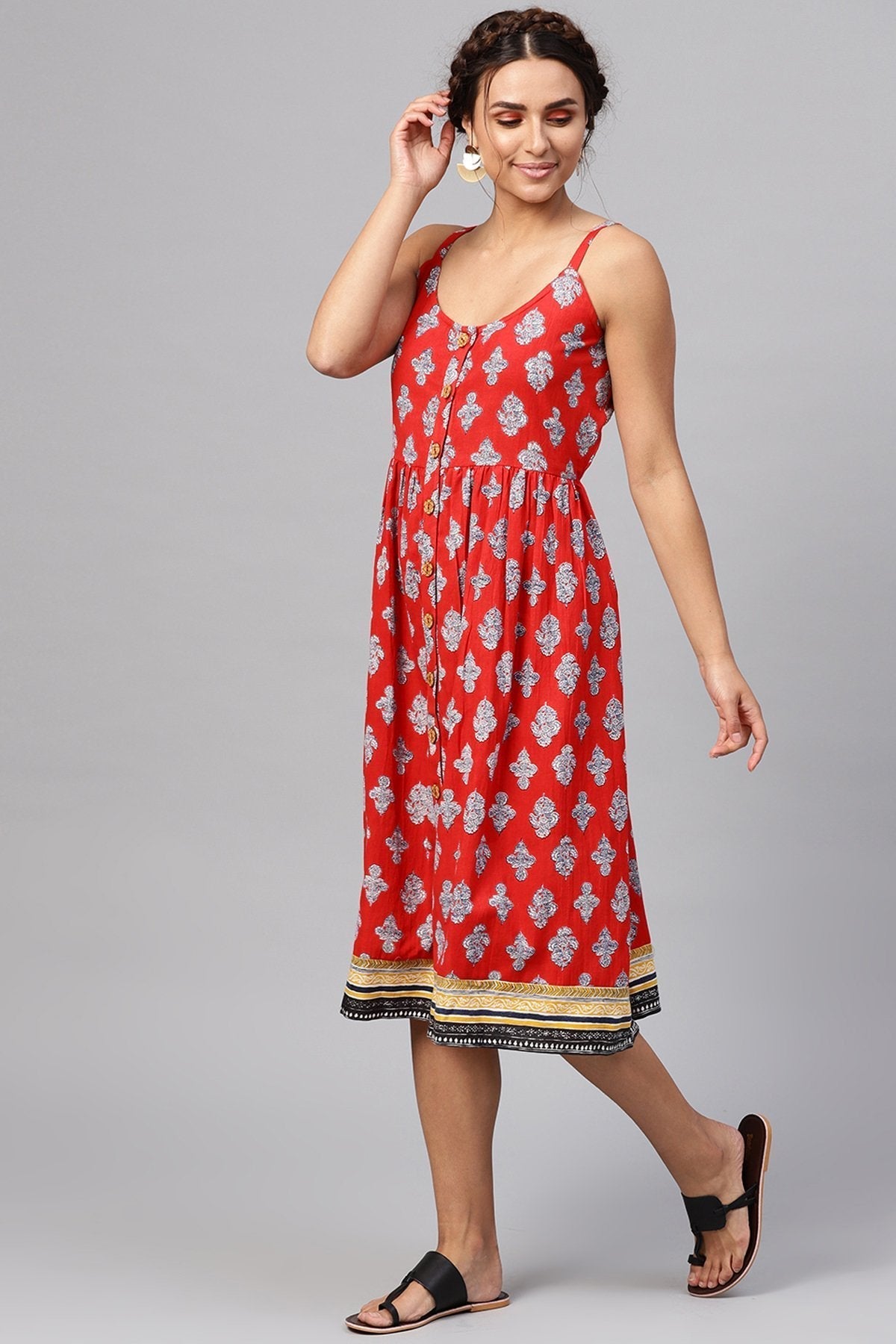 Women's Red Floral Strappy Placket Dress