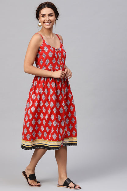 Women's Red Floral Strappy Placket Dress