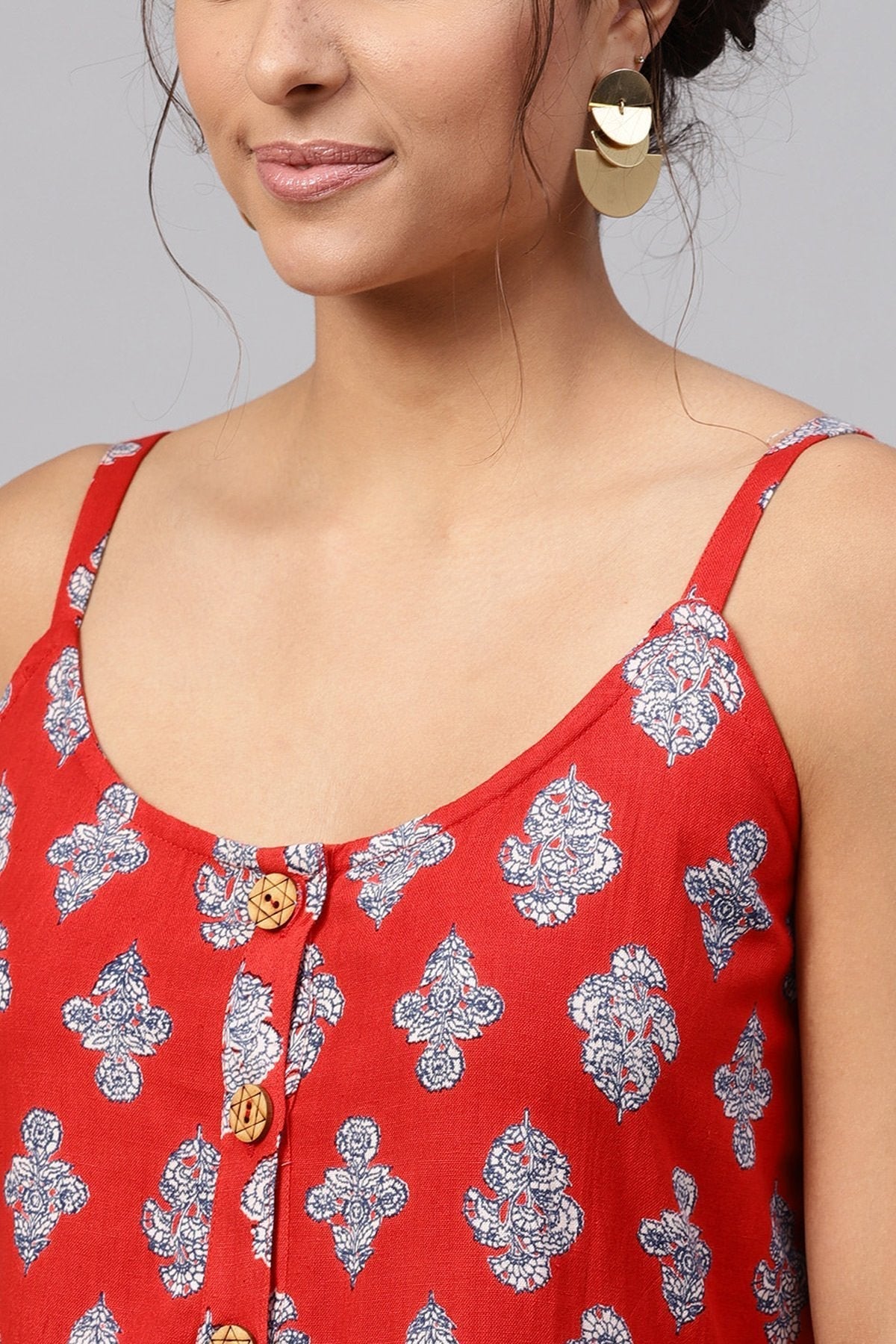 Women's Red Floral Strappy Placket Dress