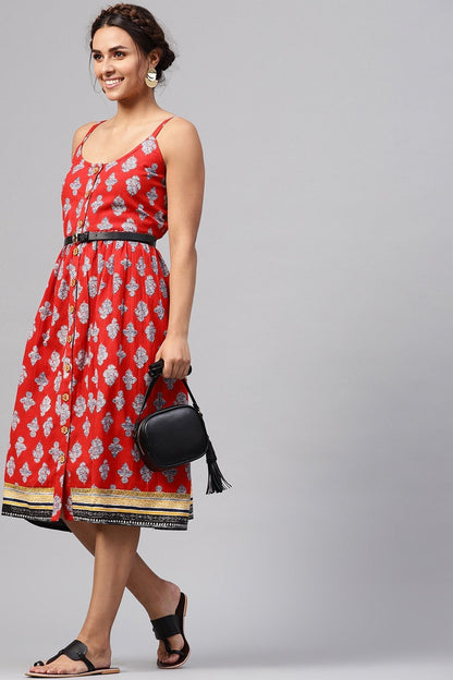 Women's Red Floral Strappy Placket Dress