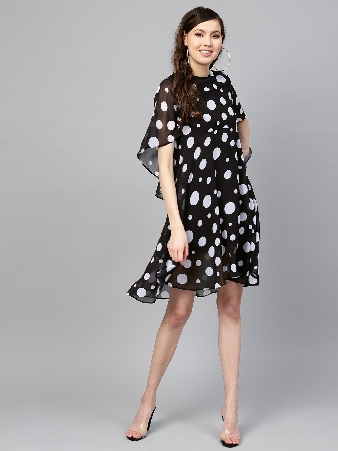 Women's Black Polka Flared Sleeve Dress