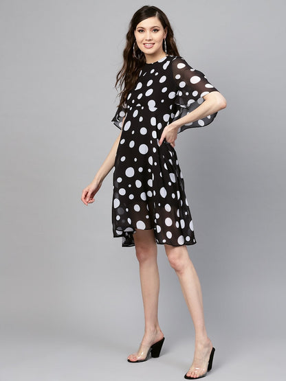 Women's Black Polka Flared Sleeve Dress