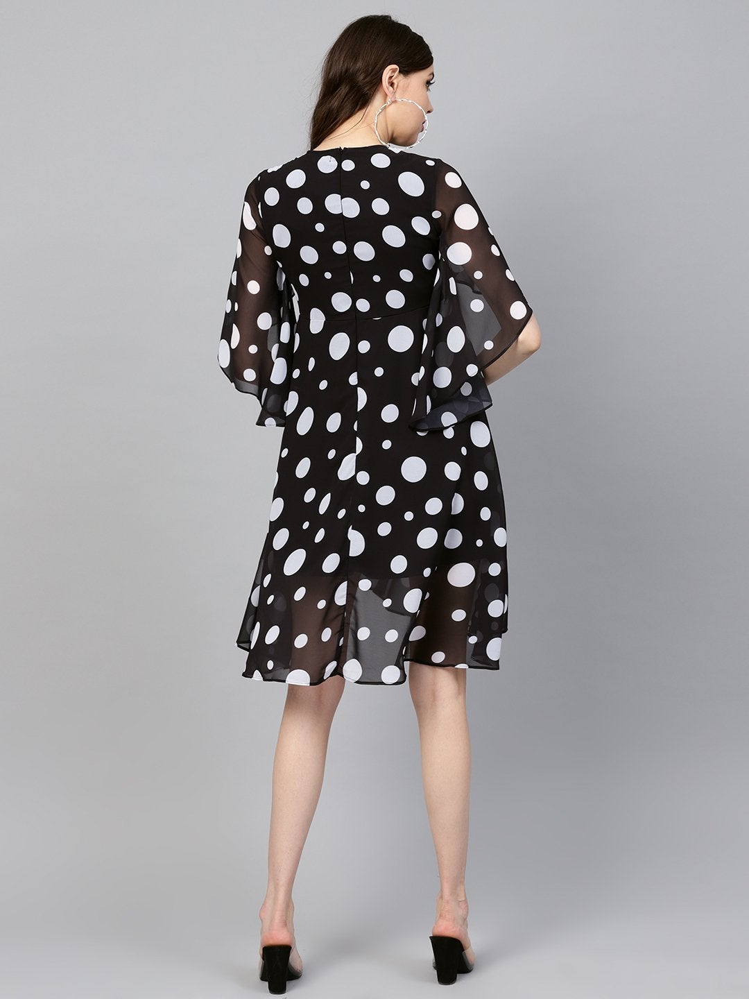 Women's Black Polka Flared Sleeve Dress