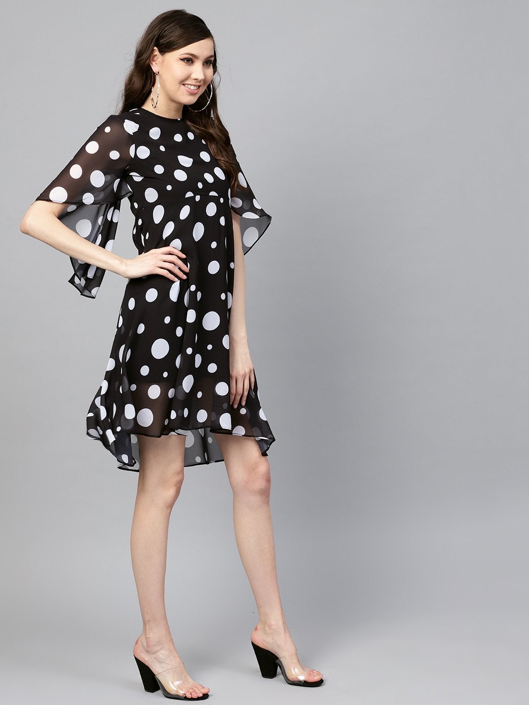 Women's Black Polka Flared Sleeve Dress