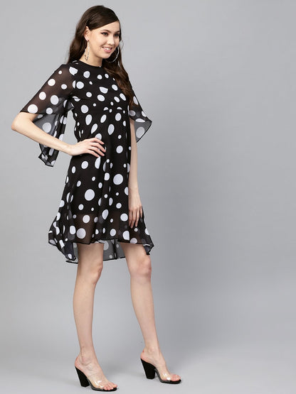 Women's Black Polka Flared Sleeve Dress