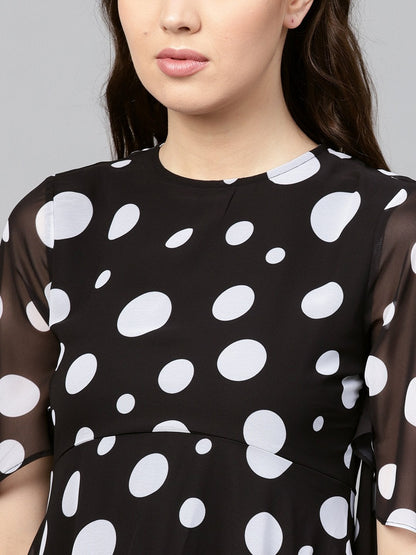 Women's Black Polka Flared Sleeve Dress