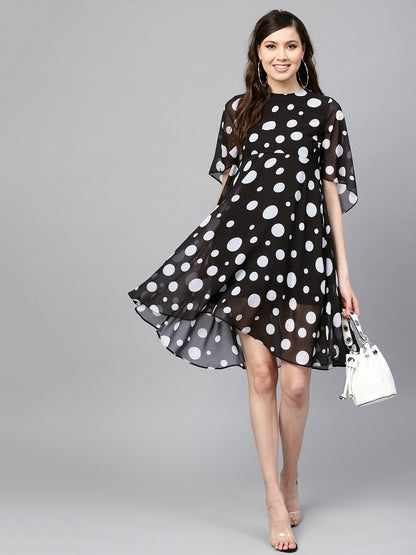 Women's Black Polka Flared Sleeve Dress
