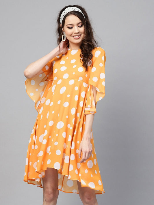 Women's Yellow Polka Flared Sleeve Dress