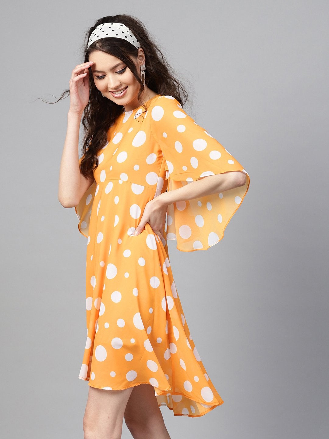 Women's Yellow Polka Flared Sleeve Dress