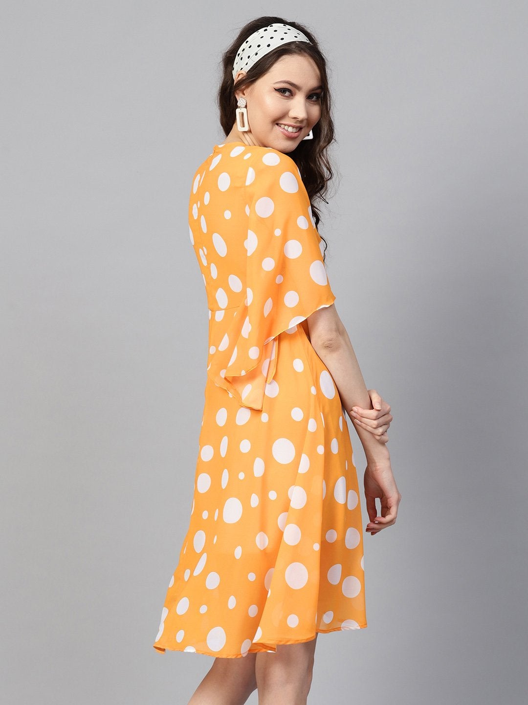Women's Yellow Polka Flared Sleeve Dress