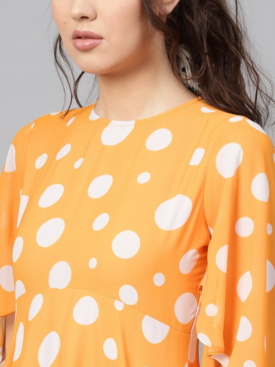 Women's Yellow Polka Flared Sleeve Dress