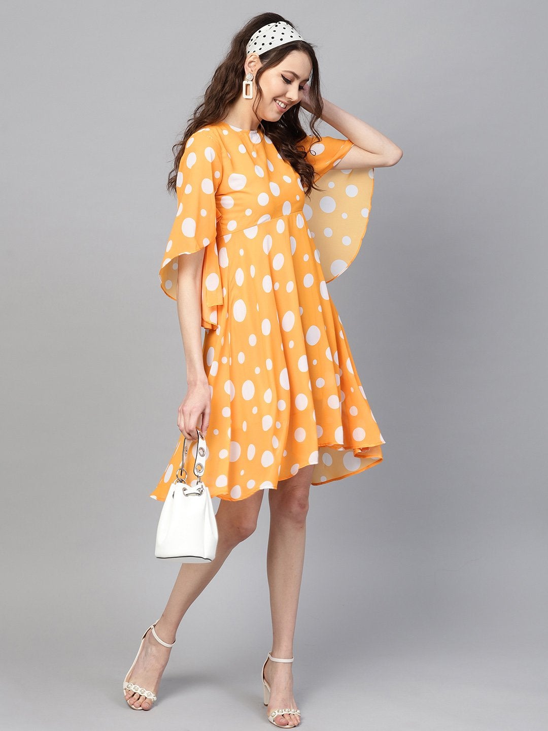 Women's Yellow Polka Flared Sleeve Dress