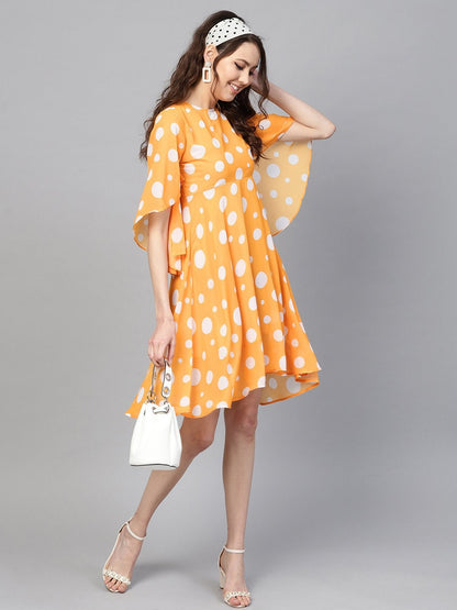 Women's Yellow Polka Flared Sleeve Dress