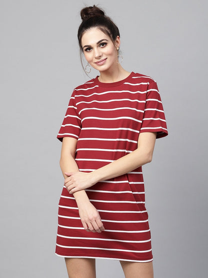Women's Maroon White Stripe Shift Dress