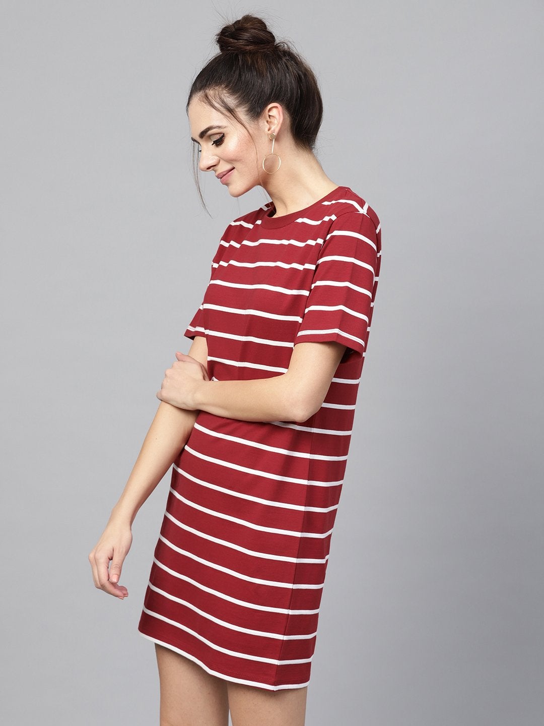Women's Maroon White Stripe Shift Dress