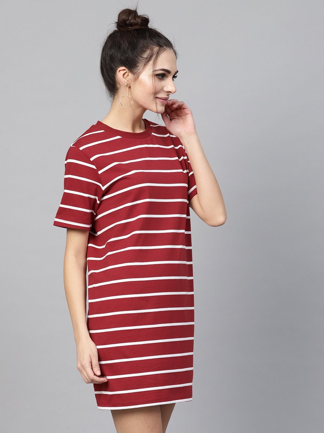 Women's Maroon White Stripe Shift Dress