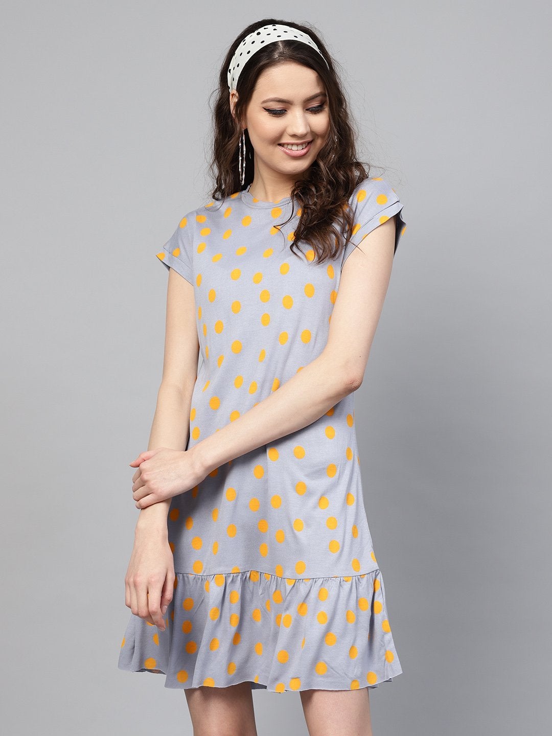 Women's Grey Yellow Polka Frill Hem Dress