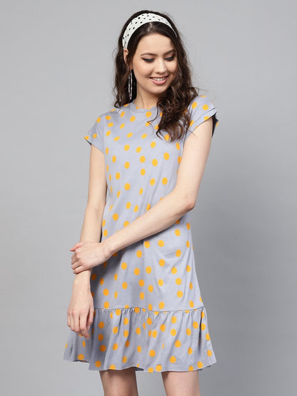 Women's Grey Yellow Polka Frill Hem Dress